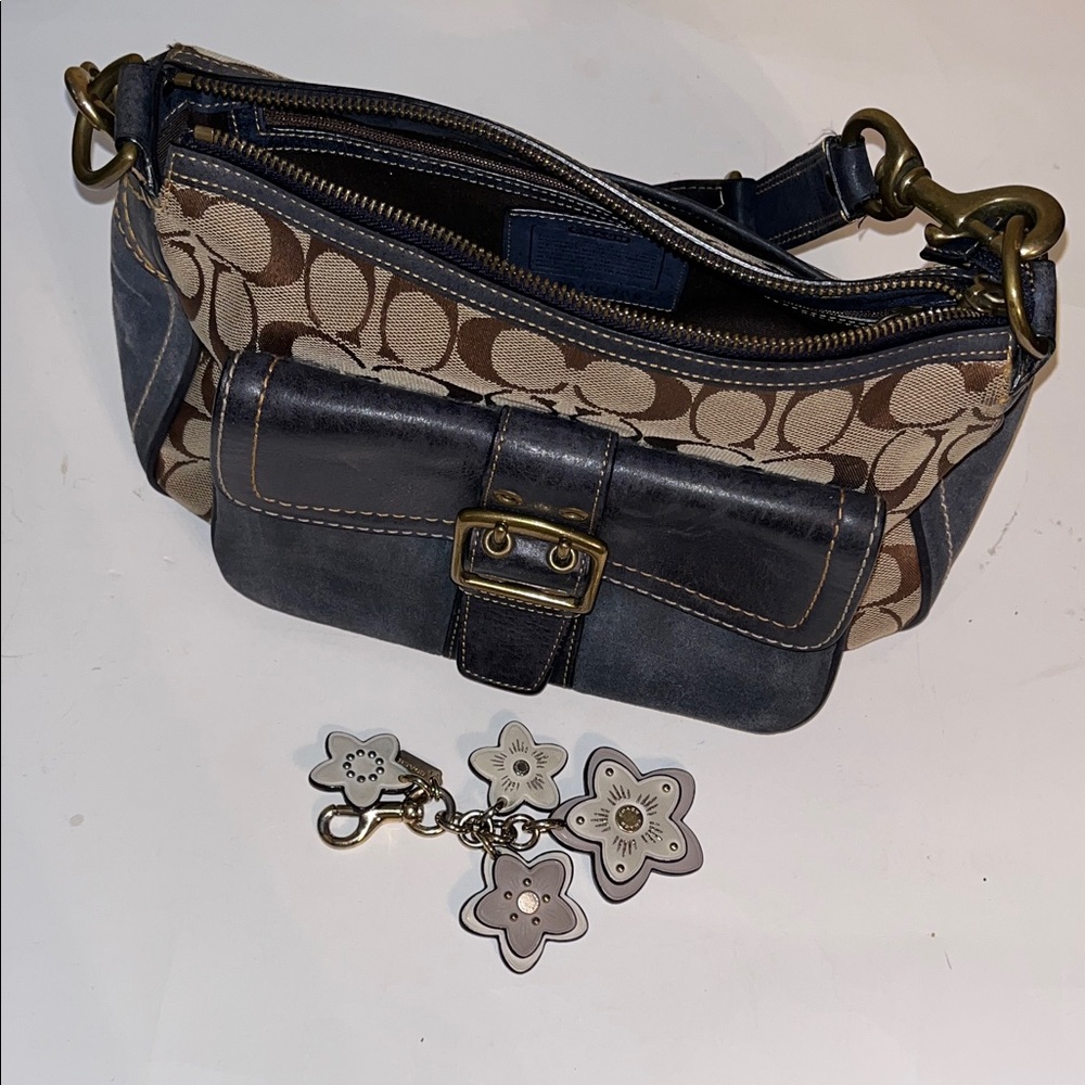 Coach Sign Canvas Shoulder Bag with blue Leather Trim and beige flower bag charm